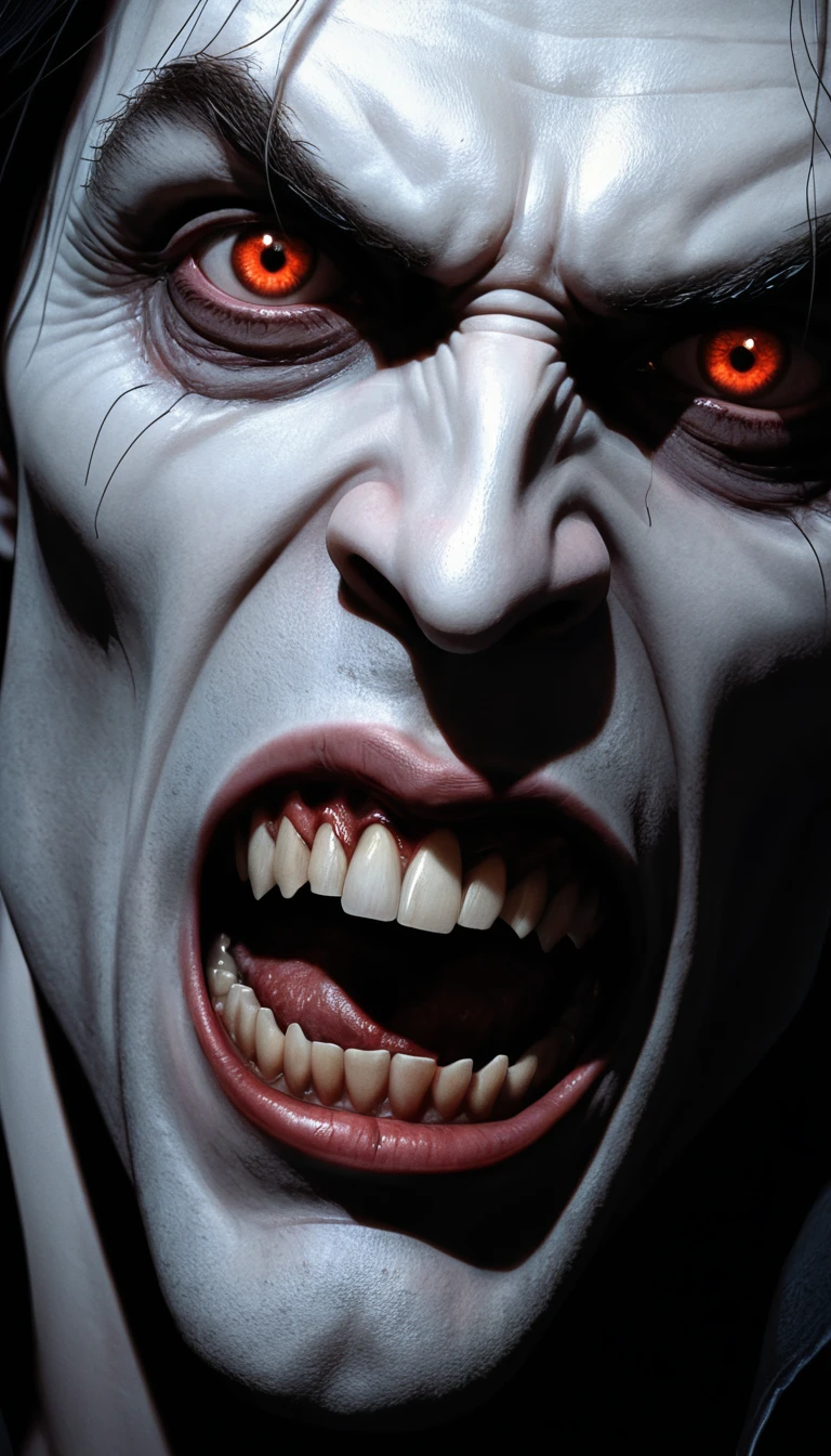 Extreme close up portrait of a fanged gothic vampire
