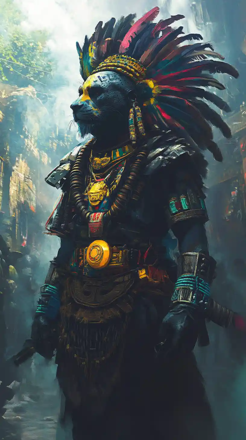 Avatar mítico de leão maia elevando-se em um reino de fantasia