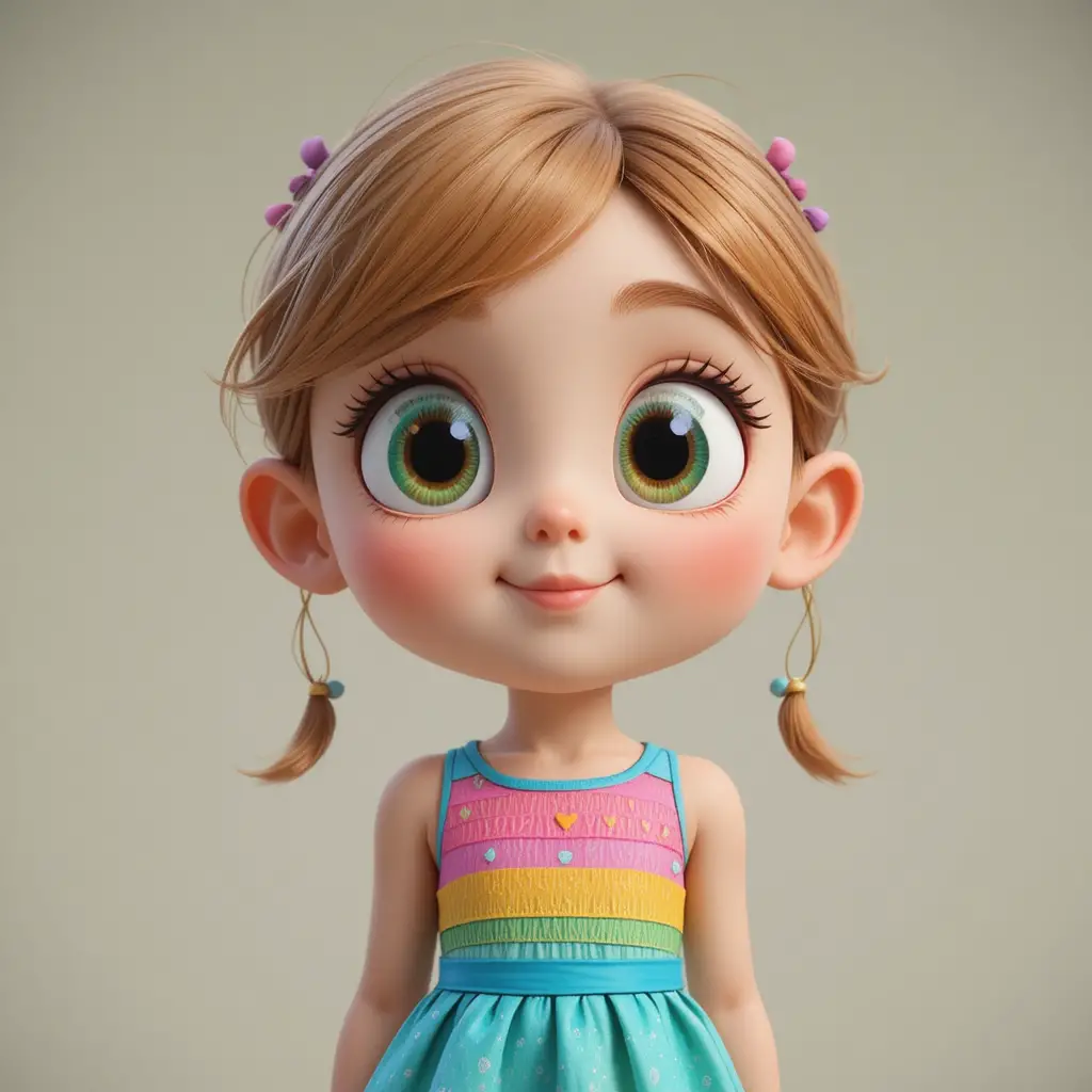 Cute cartoon girl smiling in a colorful pastel dress