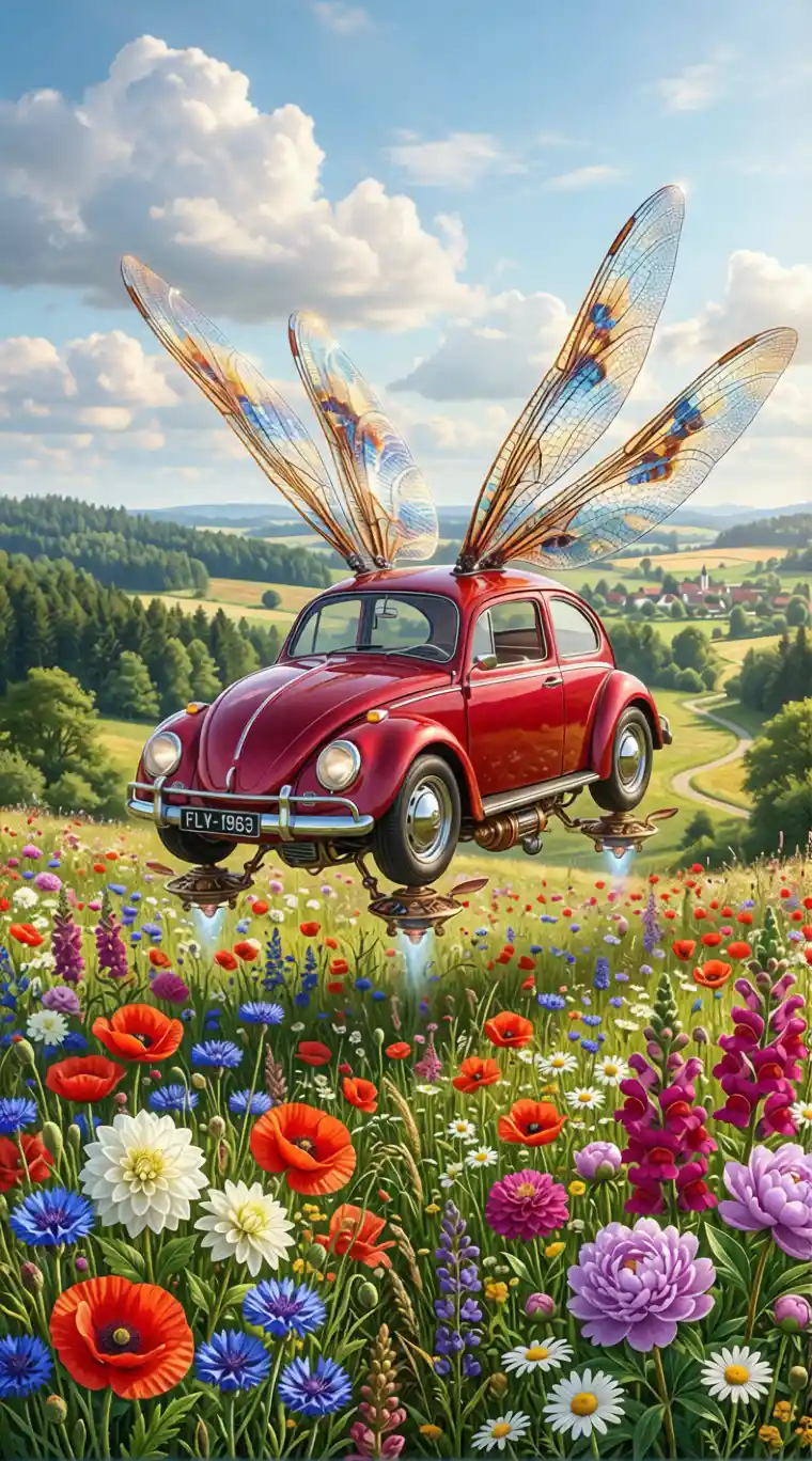 Carro Fusca vermelho voador com asas sobre prado florido ensolarado