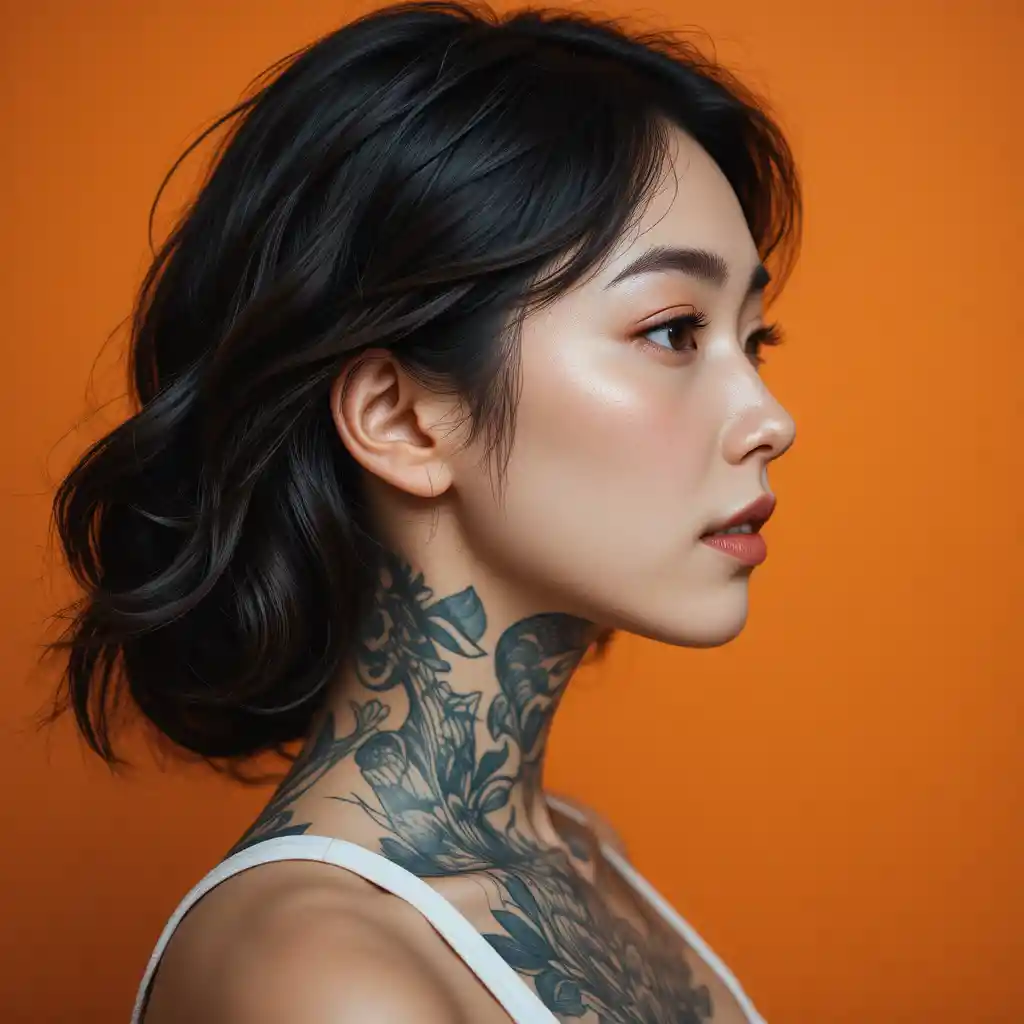 Ritratto di profilo di una donna tatuata su sfondo arancione