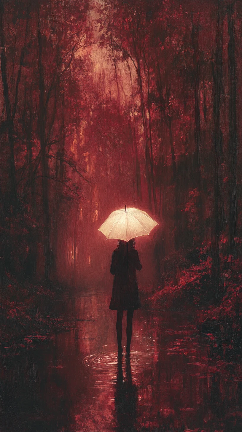 Solitary figure with glowing umbrella in misty red forest