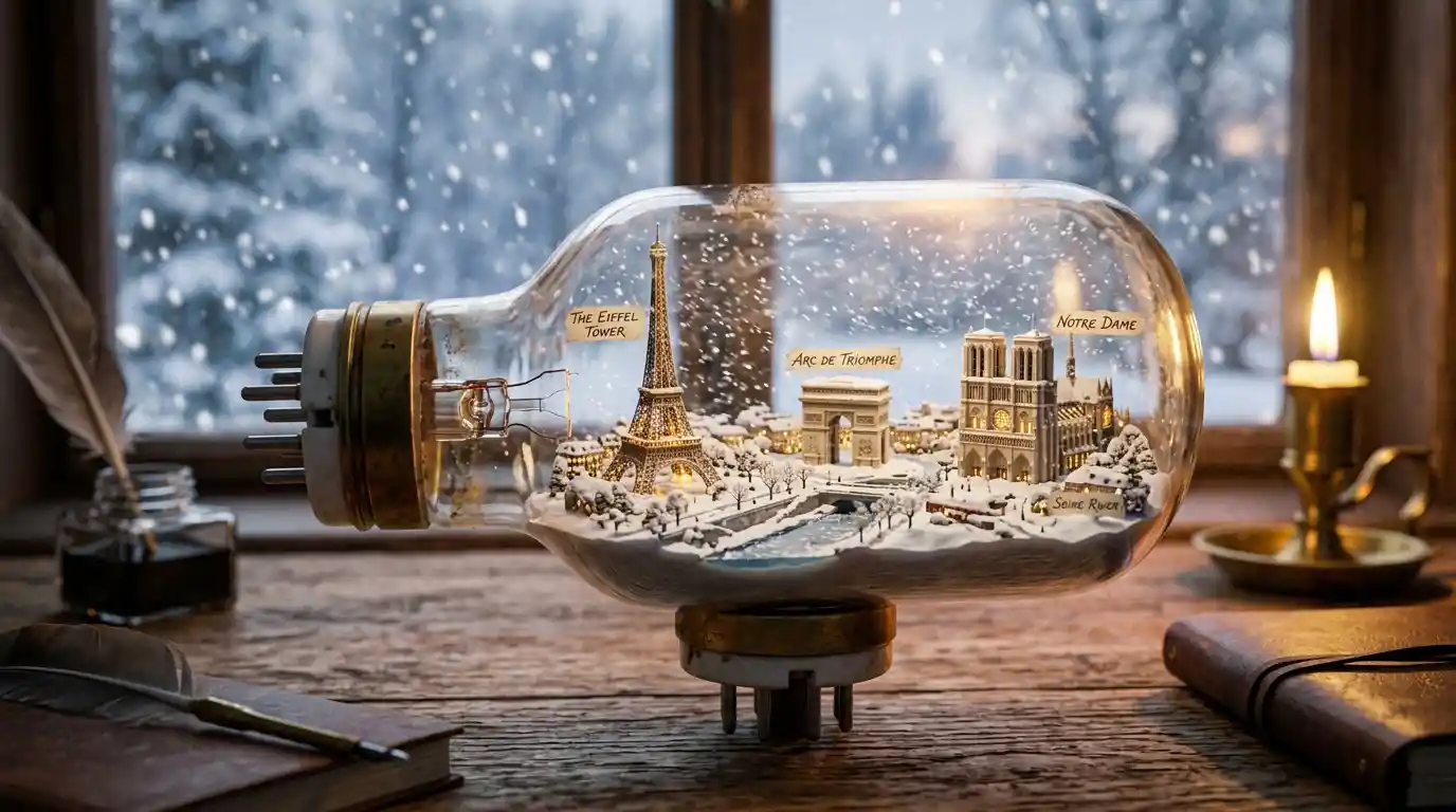 Tubo de vacío de vidrio antiguo con escena invernal en su interior