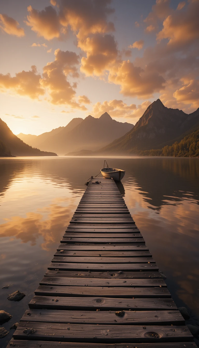 Molo consumato che conduce a un tranquillo lago di montagna al tramonto