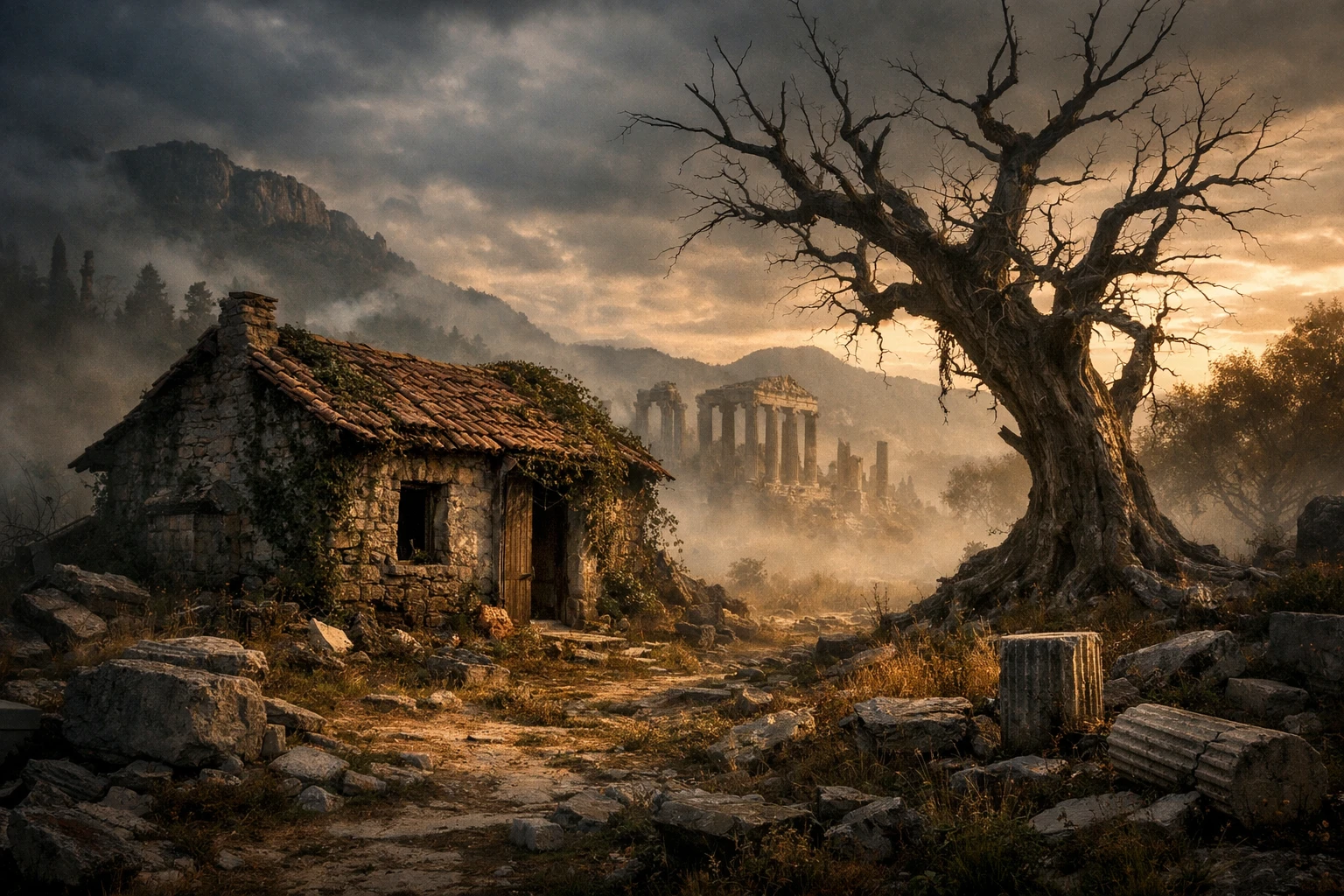 Cottage isolé dans un paysage ancien brumeux avec arbre