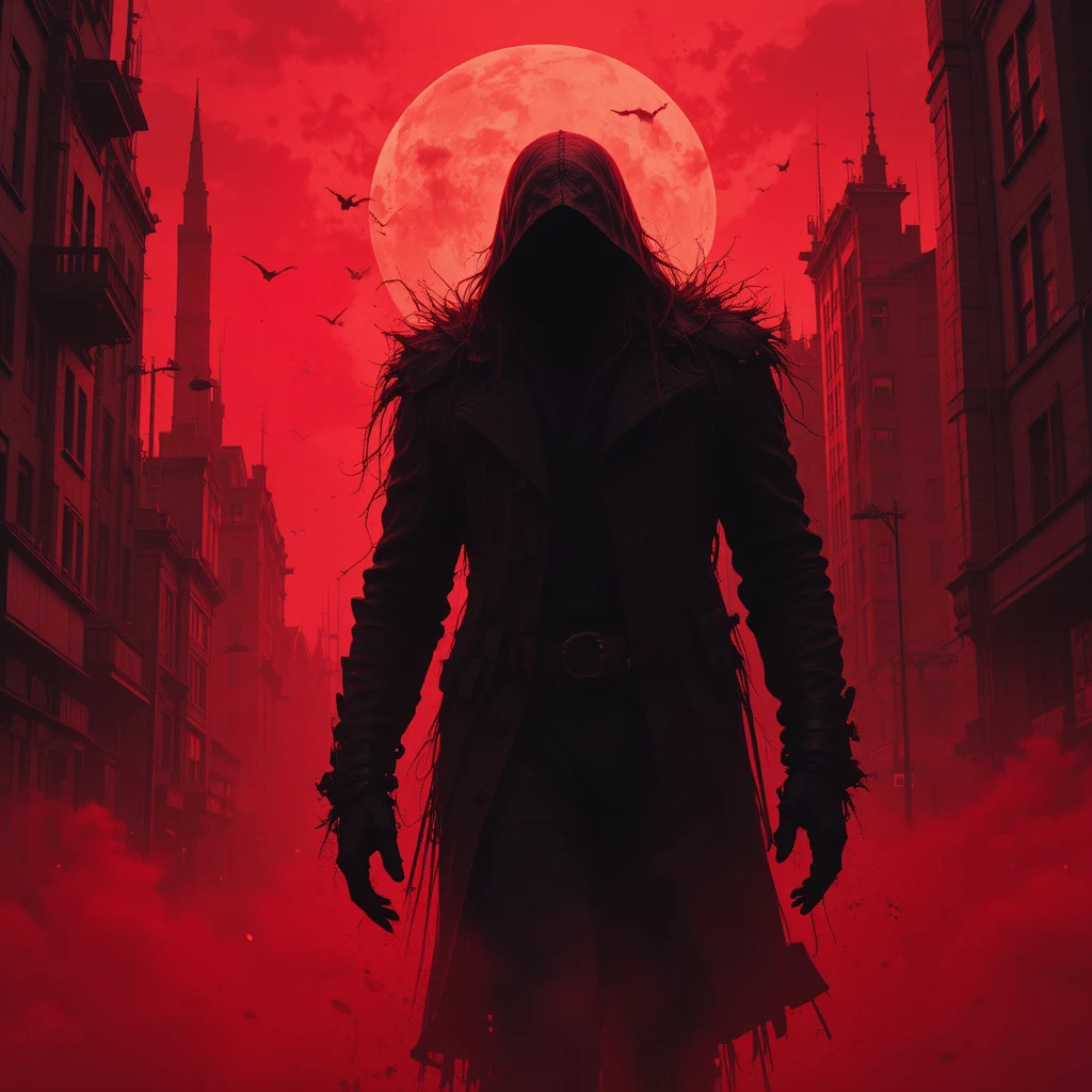 Figura sombria cruzando uma cidade sob uma lua de sangue vermelha