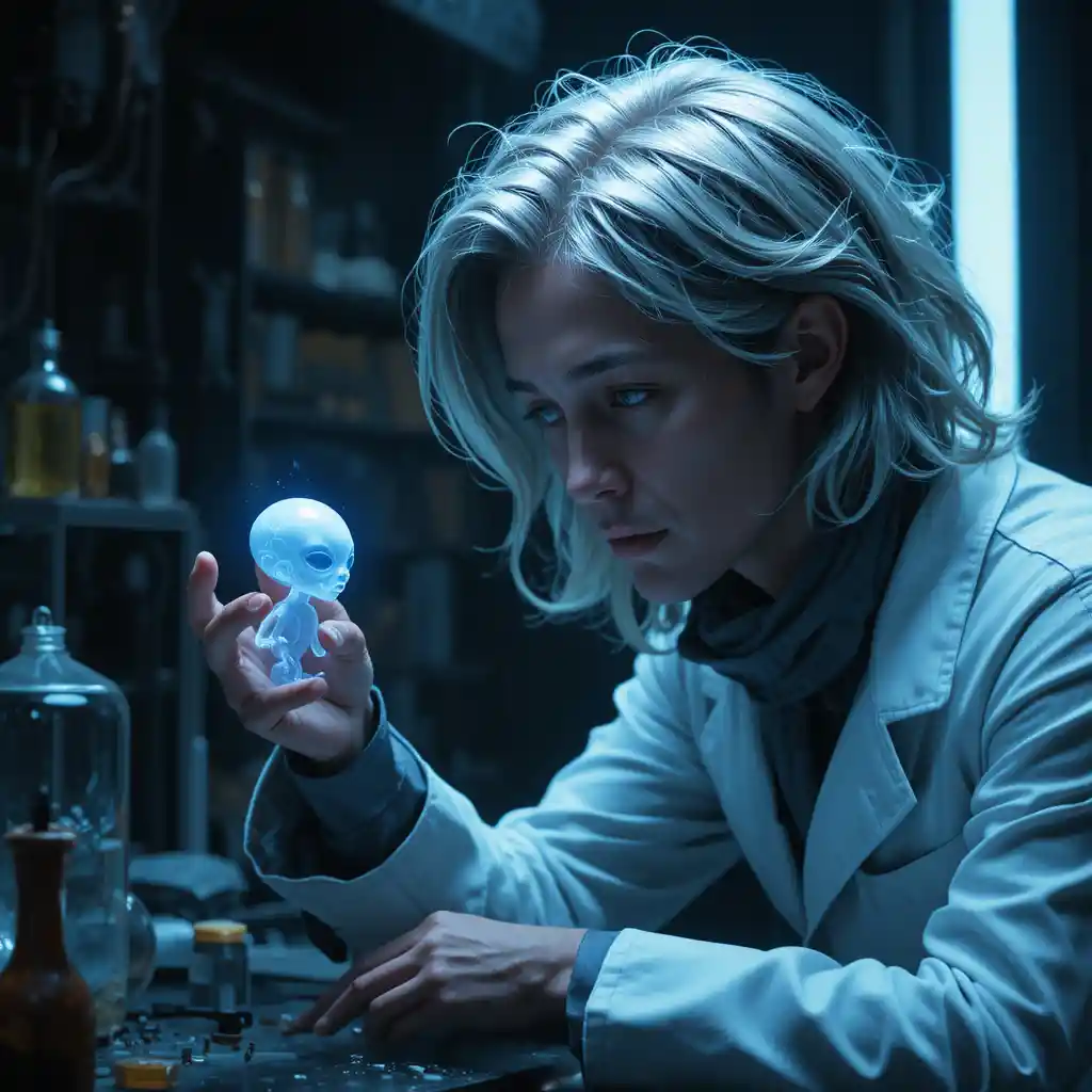 Scientist Studying A Glowing Blue Alien In Dark Laboratory