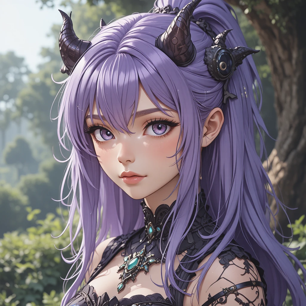 Jovem deusa da terra com cabelo violeta-claro e chifres
