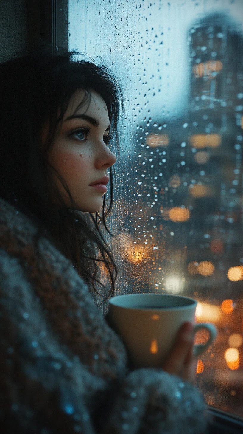 都会の夜景を背に、窓の雨を見つめる若い女性