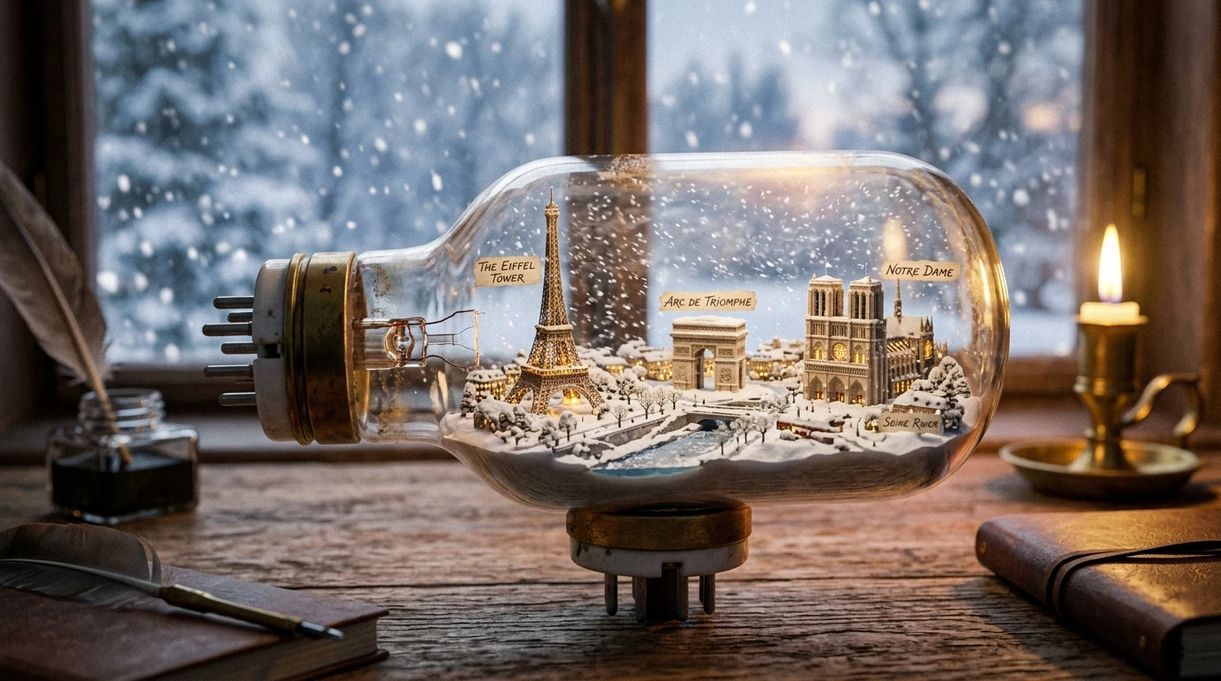 Tubo de vacío de vidrio antiguo con escena invernal en su interior
