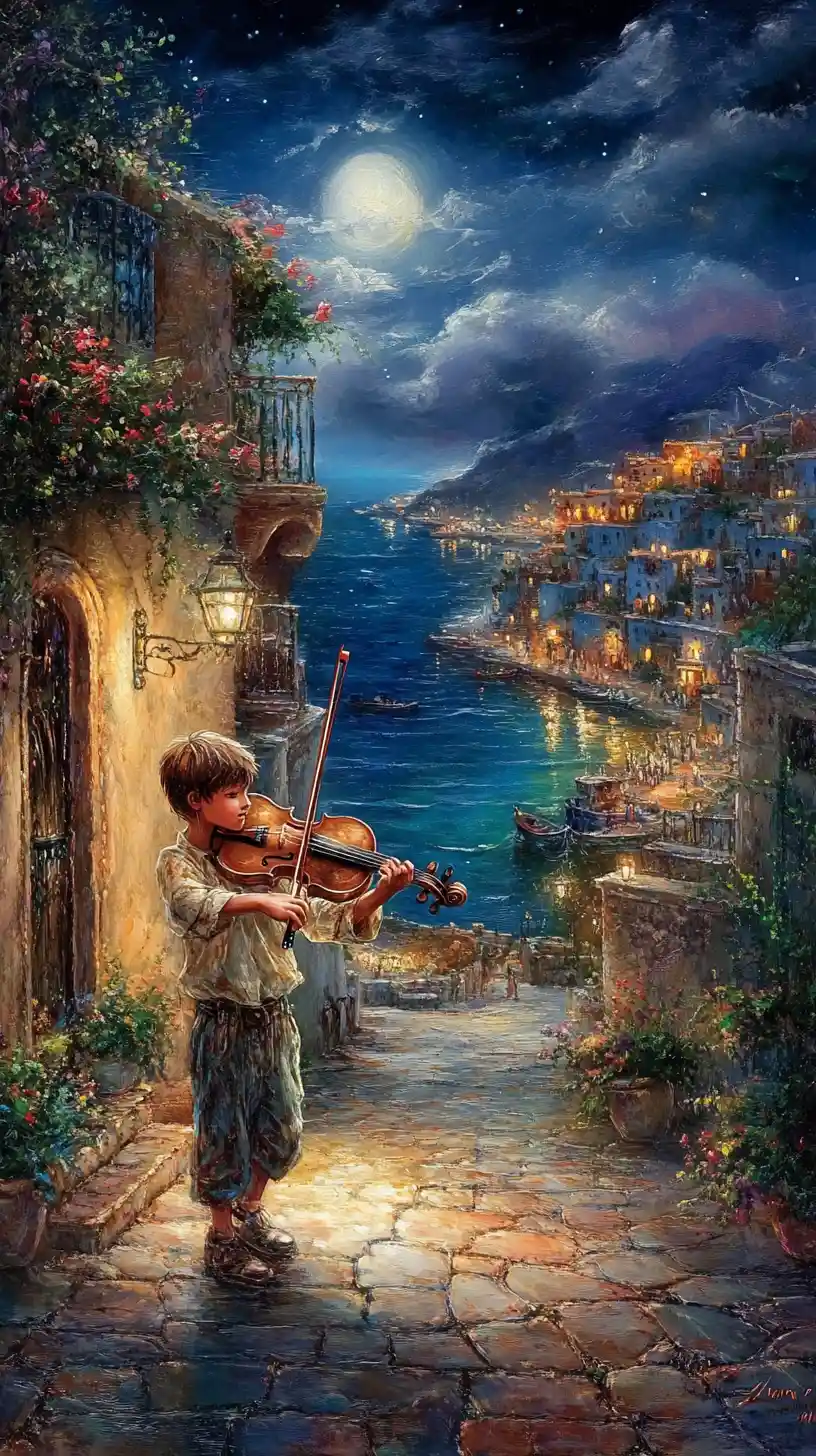 Menino tocando violino em uma rua marroquina silenciosa à noite