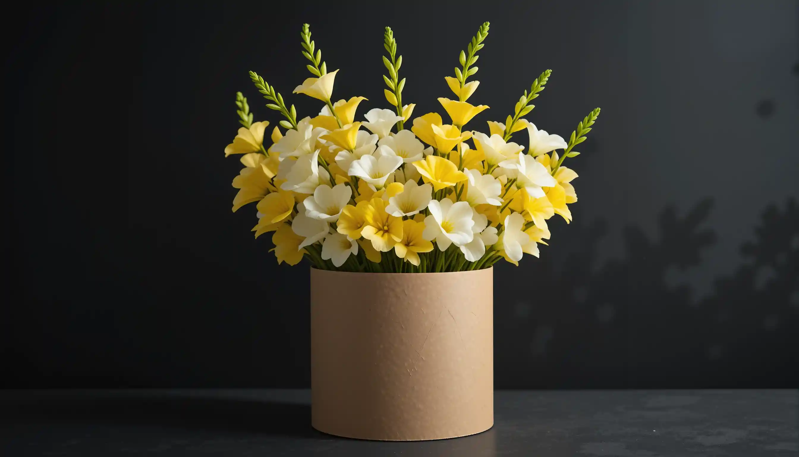 クラフト紙に包まれたエレガントなフリージアの花束（黒背景）