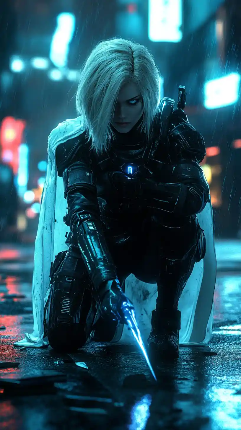 Female rogue kneels in a rain slick futuristic alley