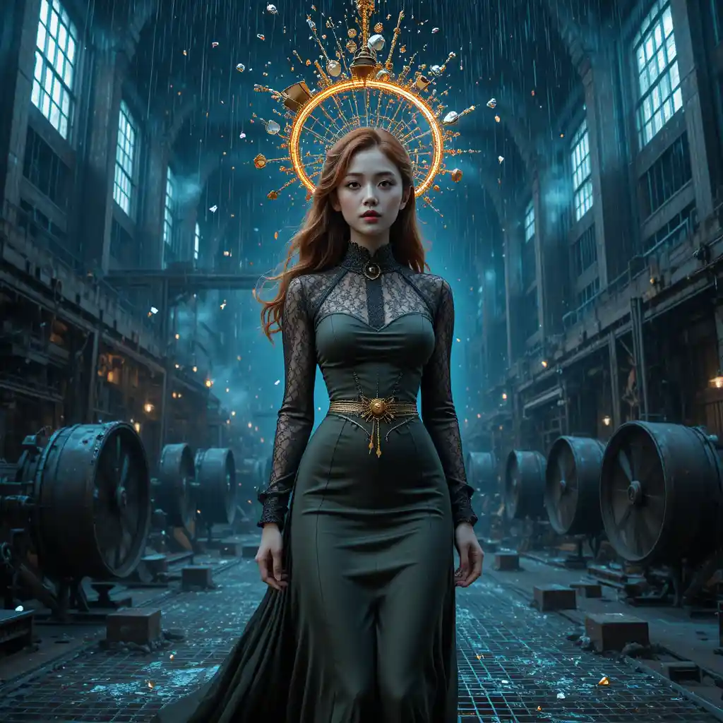 Korean woman striding through a gothic industrial foundry