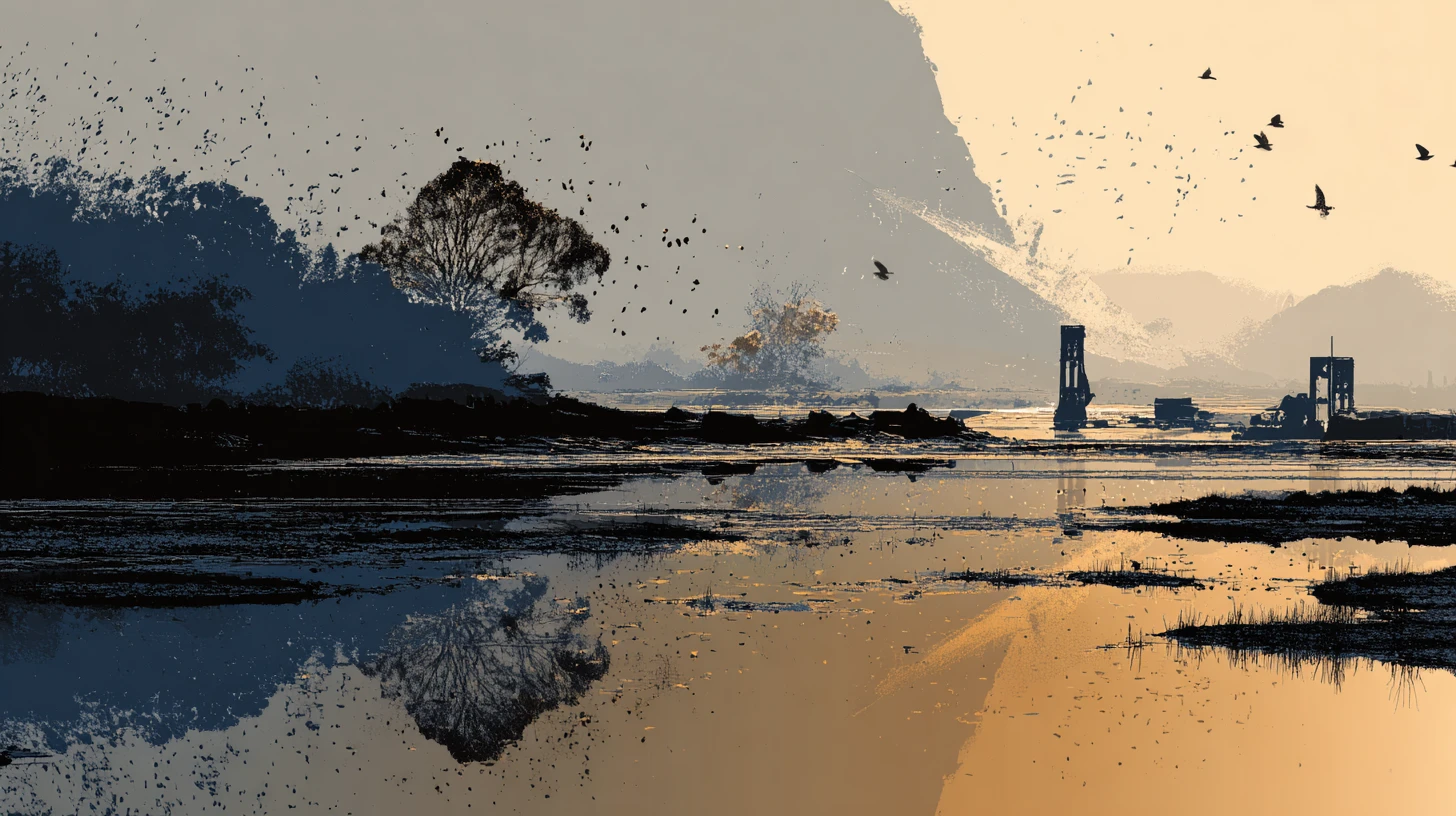Paisagem abstrata serena com ruínas desbotadas ao longe