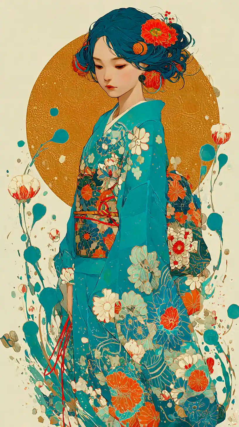 Donna giapponese in kimono verde petrolio con luna crescente dorata