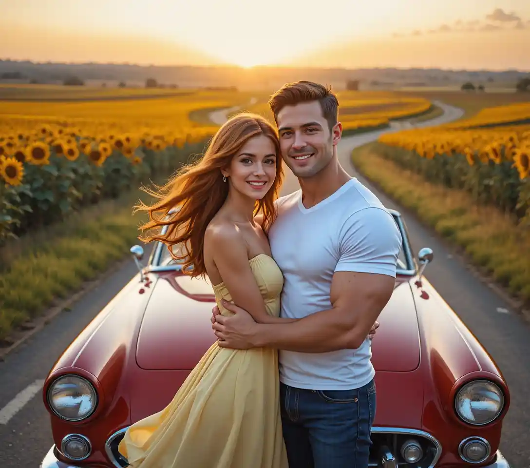 Glückliches Paar umarmt sich bei Sonnenuntergang neben rotem Vintage-Cabrio