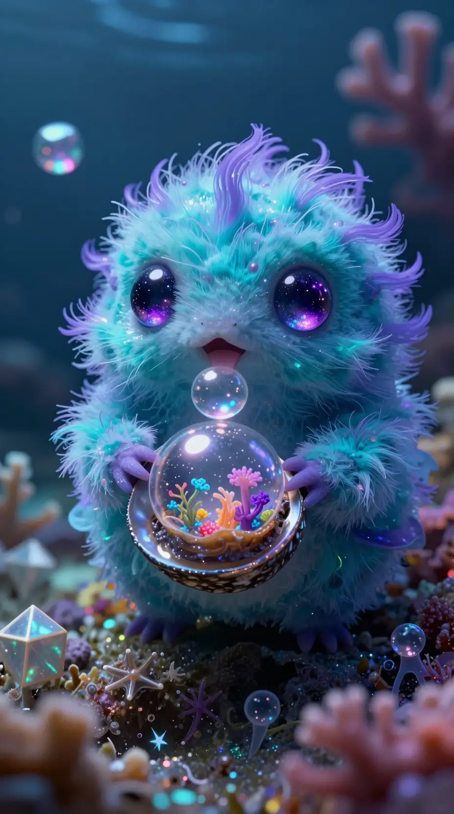 Tiny iridescent sea creature holding a glowing shell