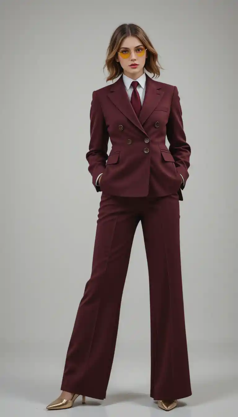 Confident woman in burgundy suit standing in studio