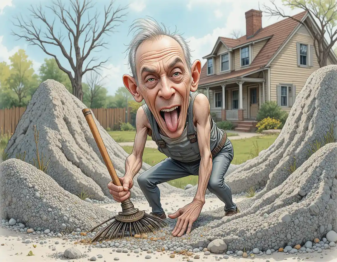 Elderly man struggling with gravel in a cartoon yard
