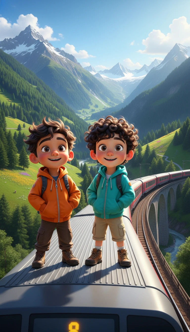 3D characters riding atop a speeding train in the Alps