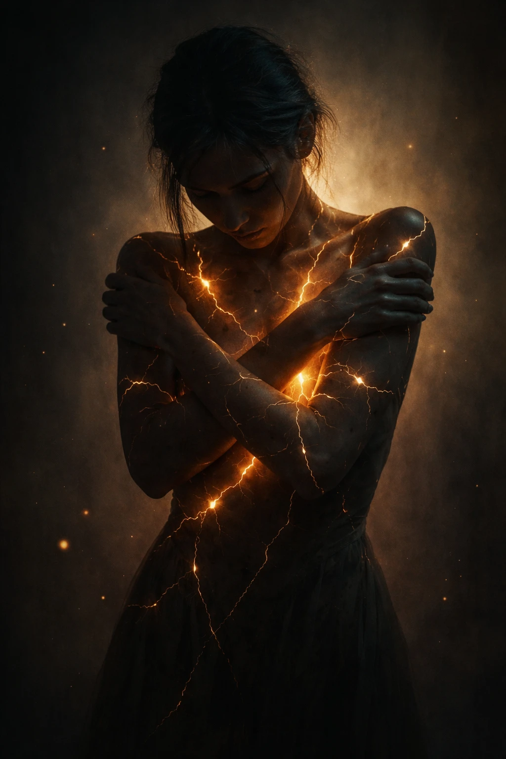 Cracked Human Figure Glowing With Soft Golden Inner Light