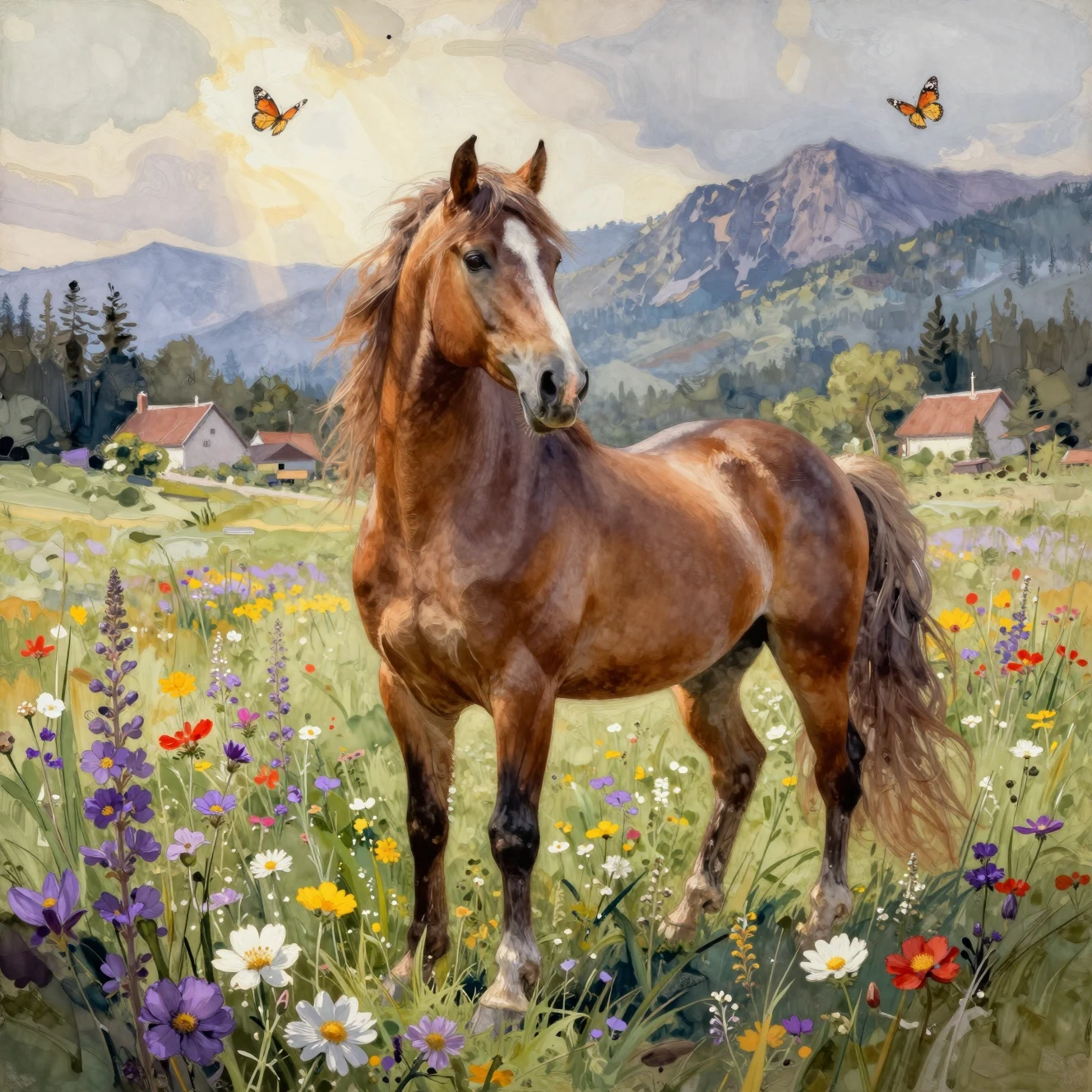 Brown stallion standing in a wildflower meadow portrait
