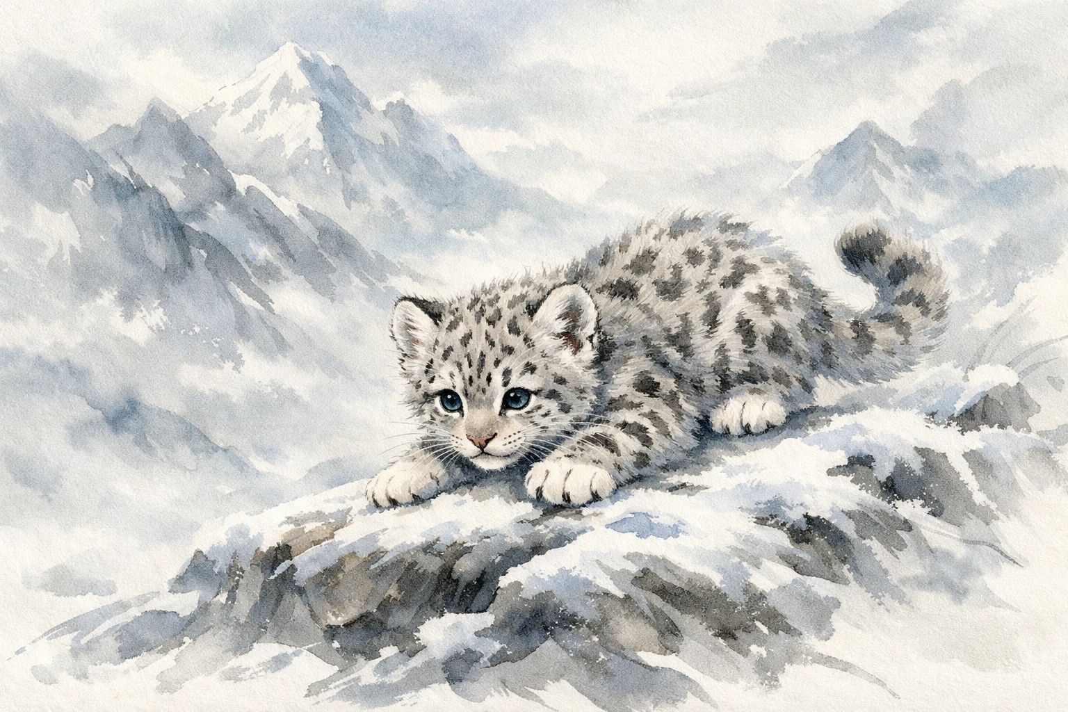 Cachorro de leopardo de las nieves juguetón sobre rocas nevadas del Himalaya