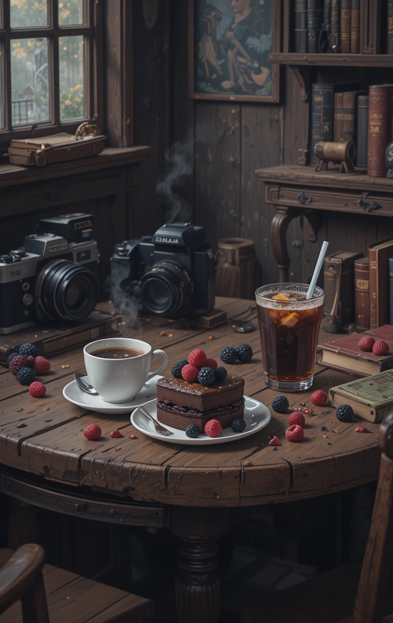Rustic cafe table with chocolate cake and coffee