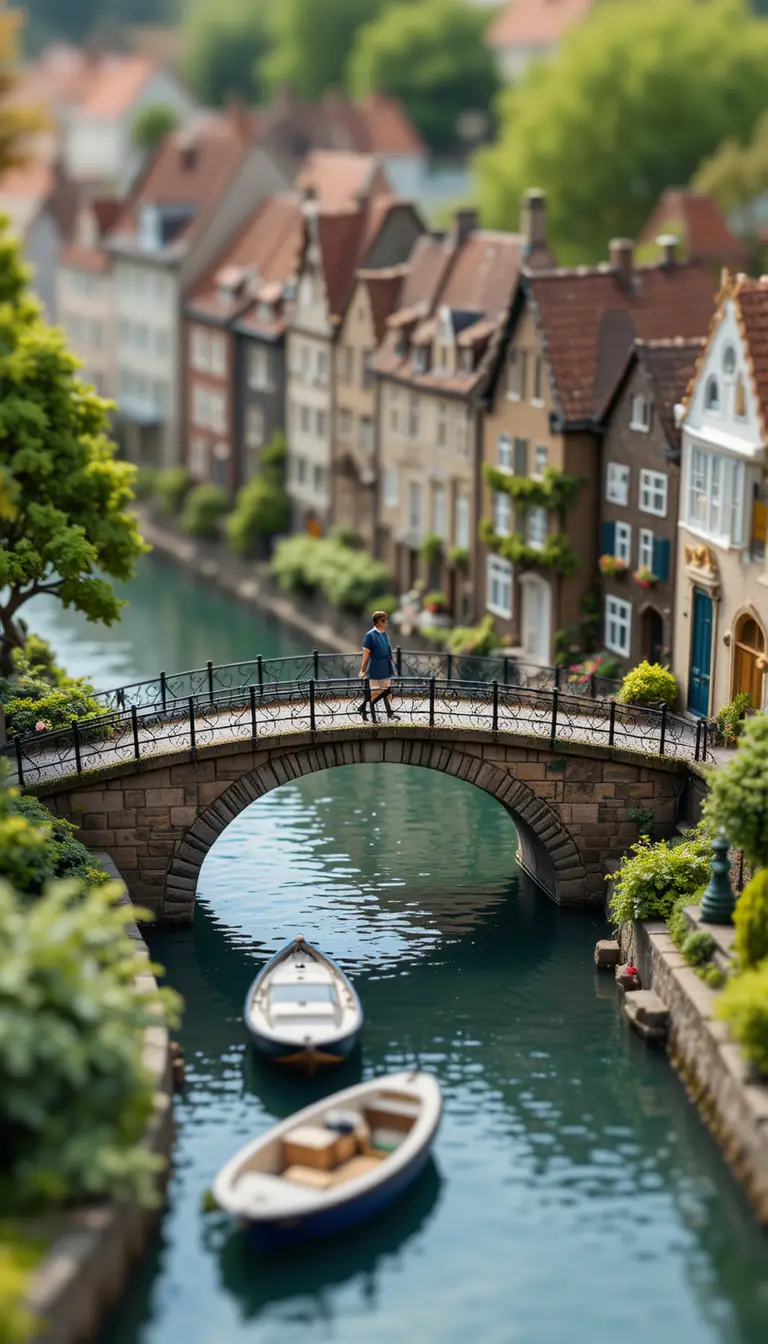 Canal europeu sereno com casas na ponte e garota passando