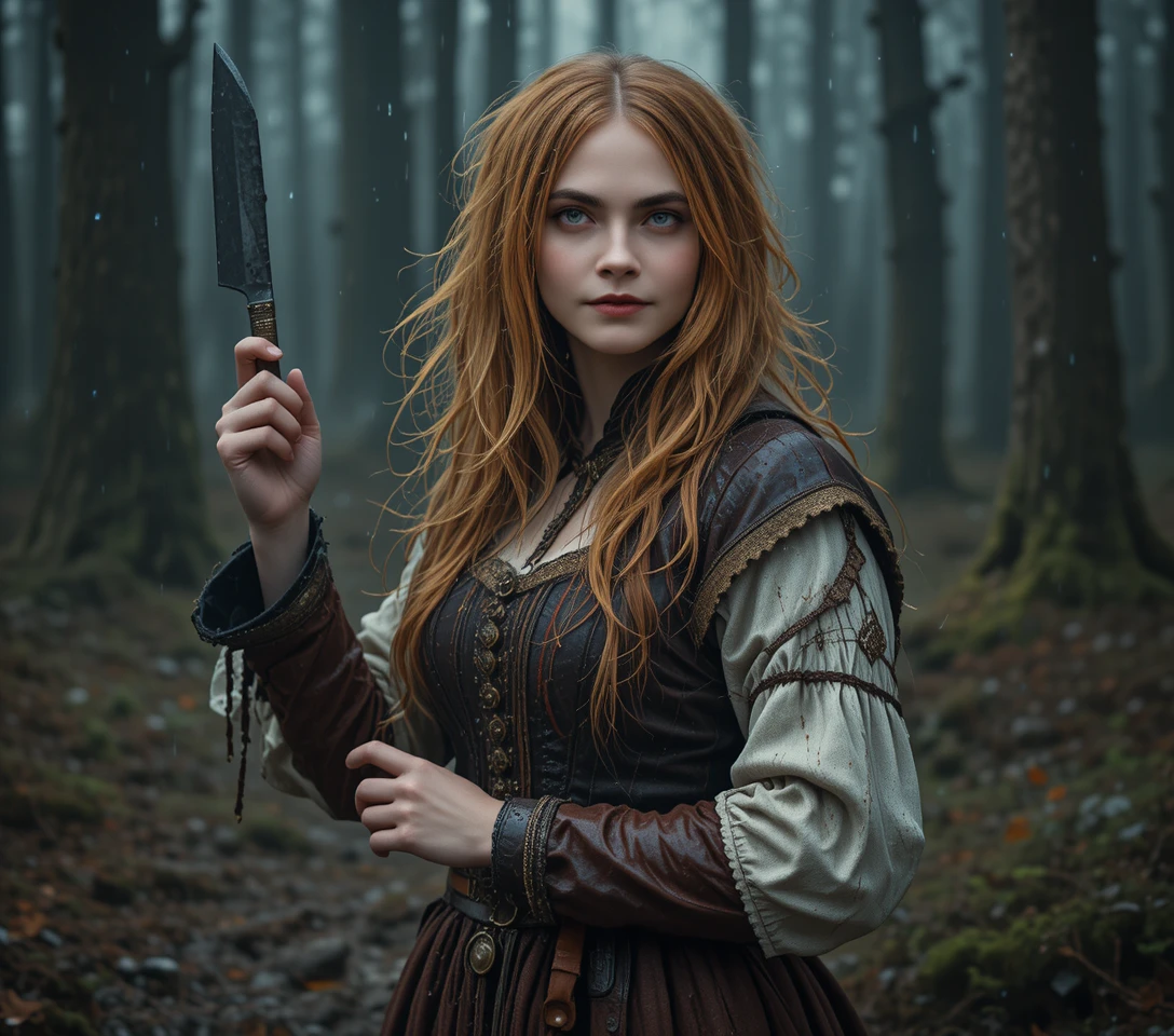 Femme médiévale rousse se défendant dans une forêt sombre