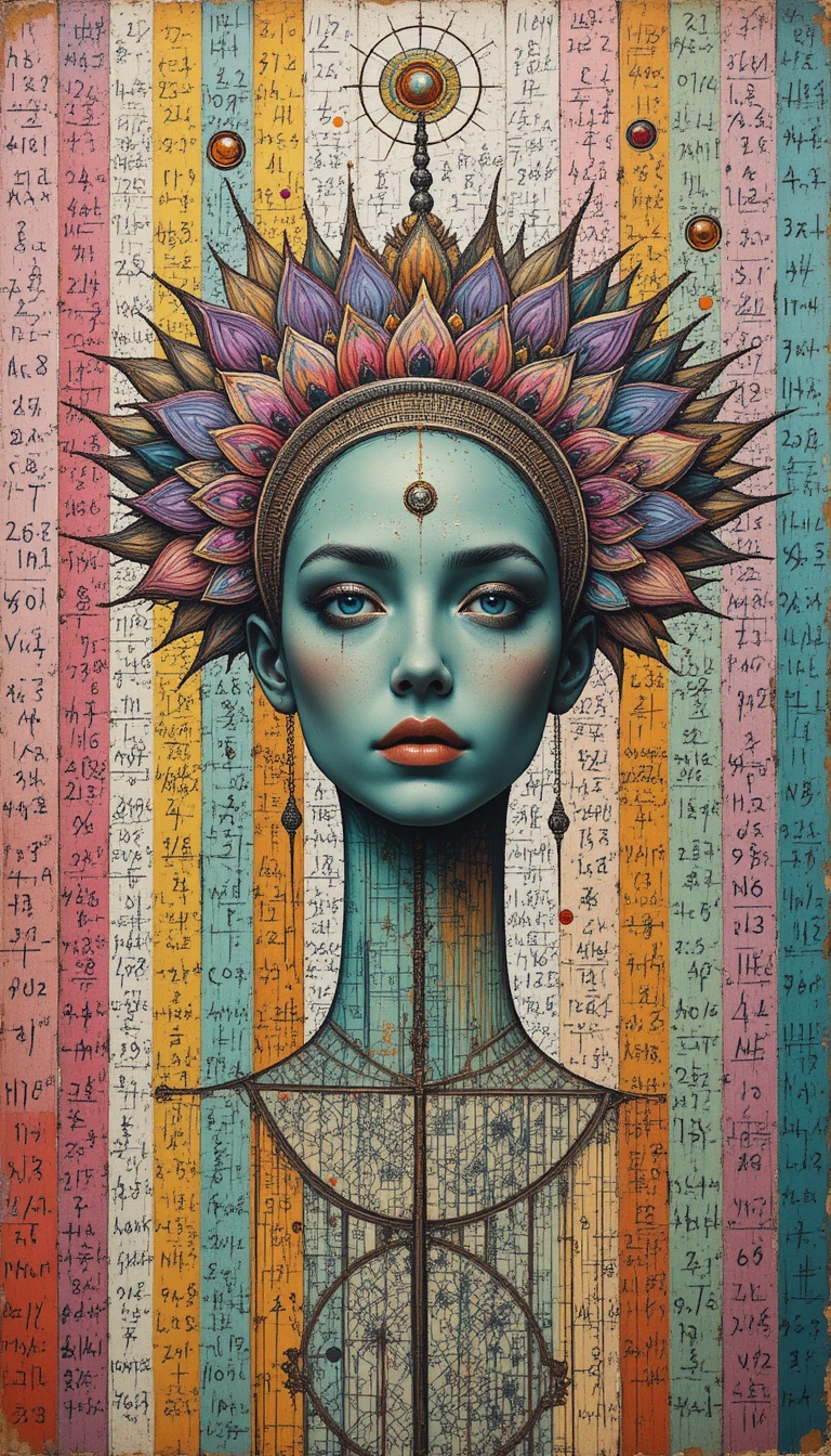 Surreal teal face emerging from chaotic math equations
