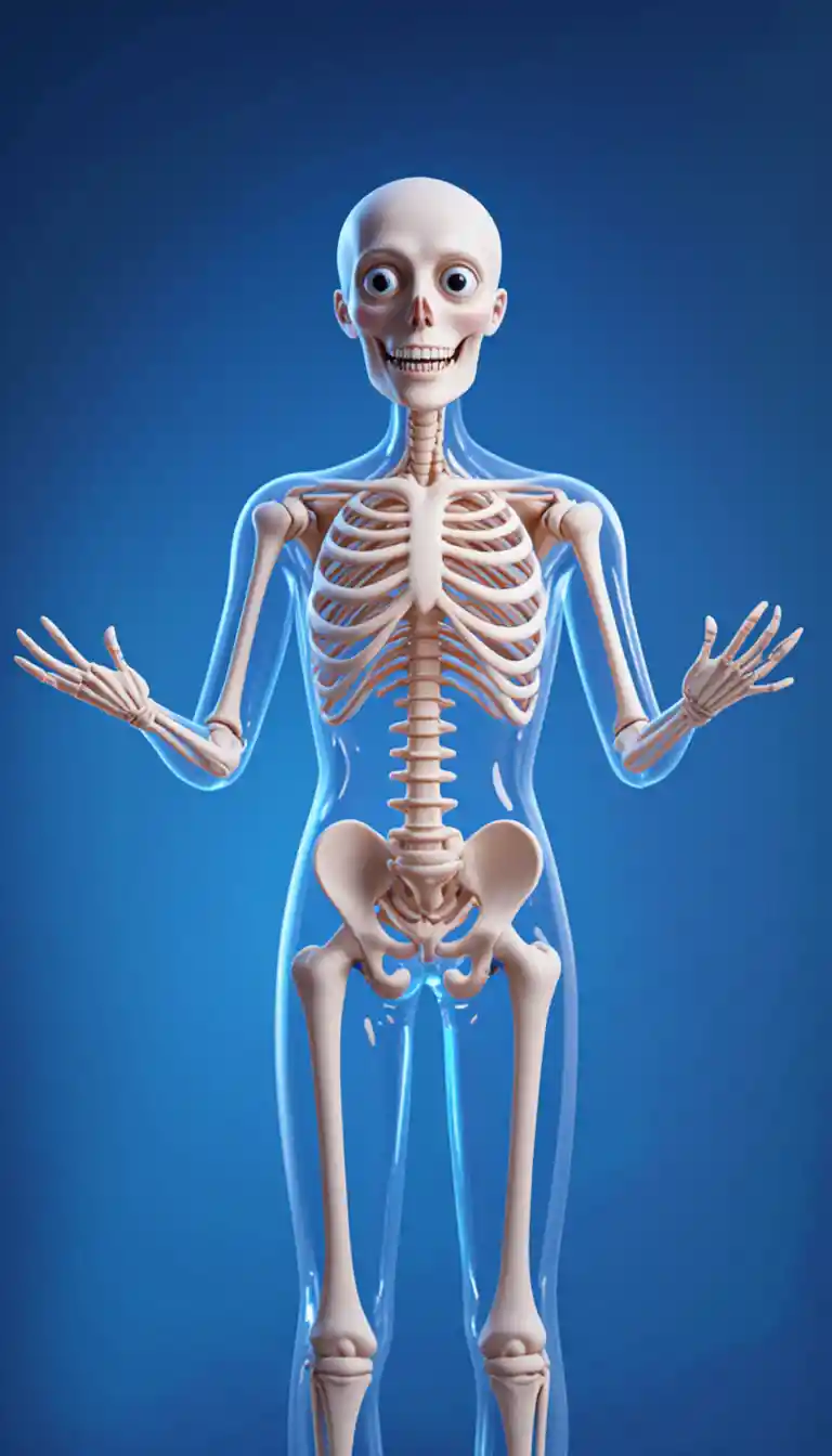 Personaggio scheletro anatomico 3D che insegna in vista frontale a figura intera