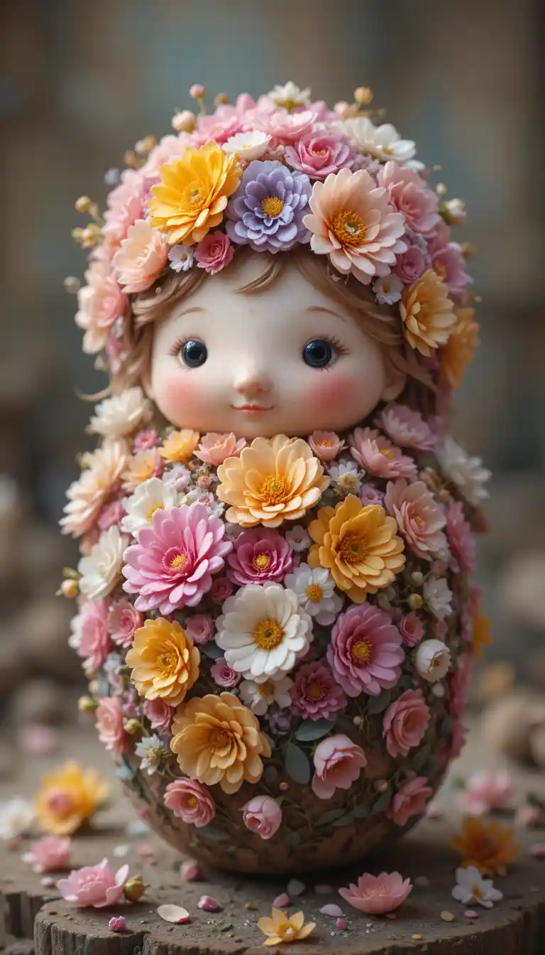 Dolce pecora con corona di fiori che tiene un bouquet floreale