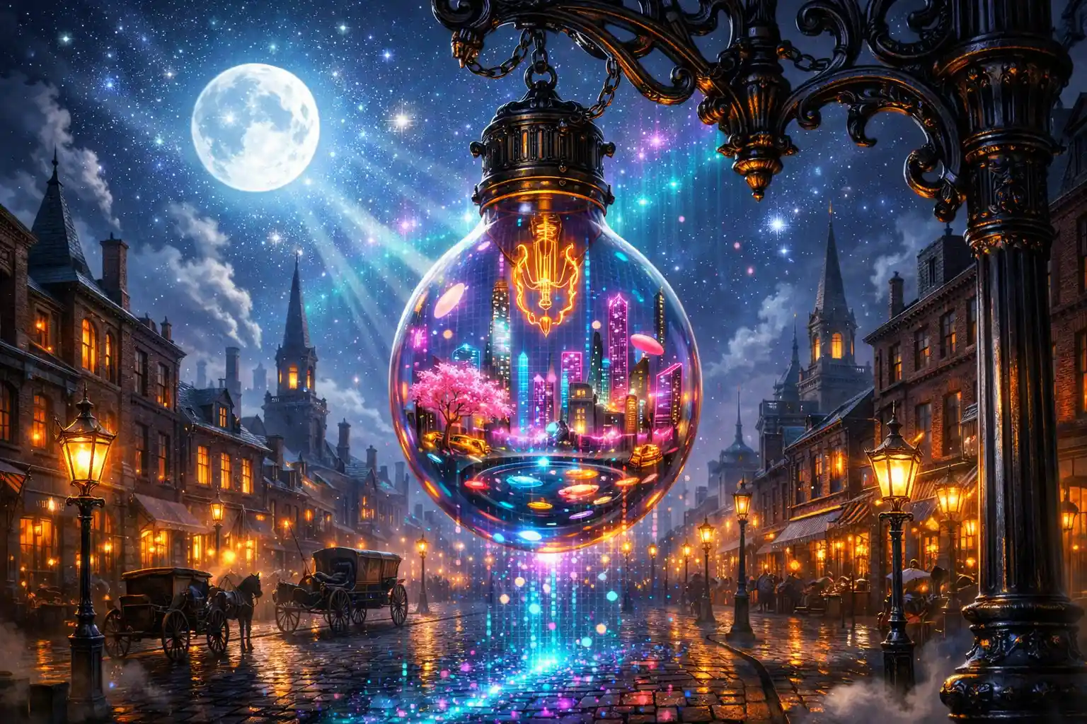 Glowing Vintage Bulb Above A Moonlit Victorian Street