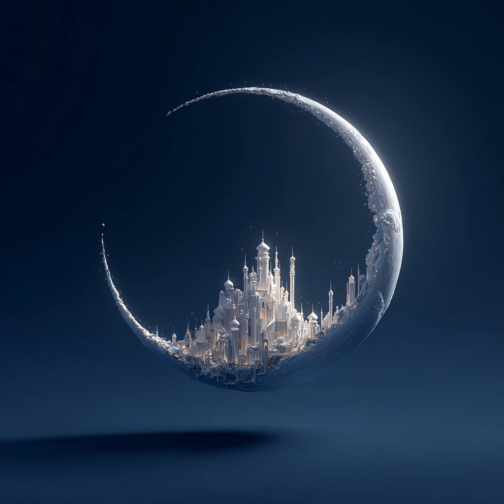 Enchanted Moonstone City Floating On A Silent Lunar Crescent