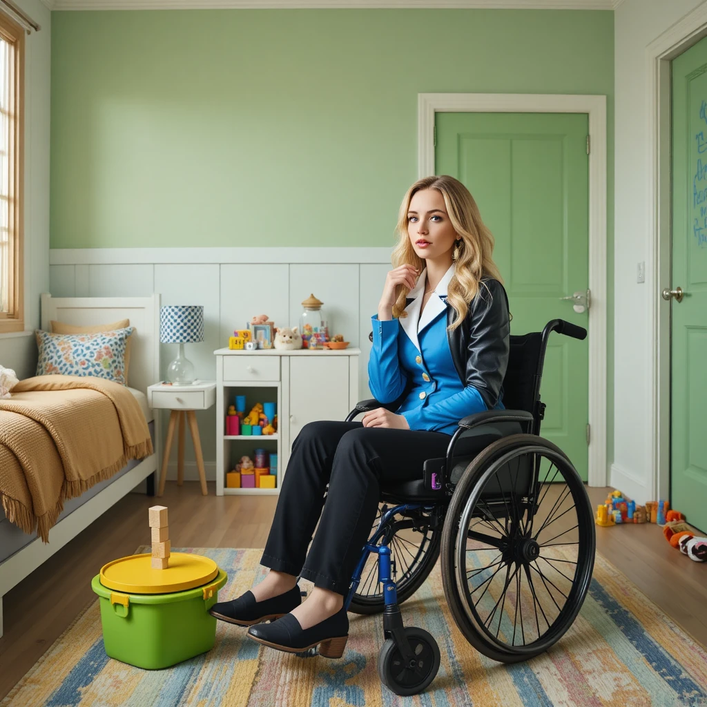 Jeune femme en fauteuil roulant posant dans une chambre d’enfant colorée