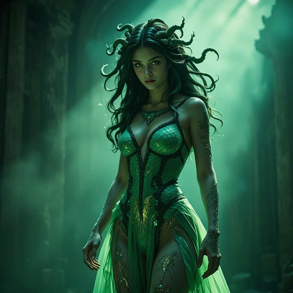 Figura de Medusa en una escena mitológica dramática y cinematográfica