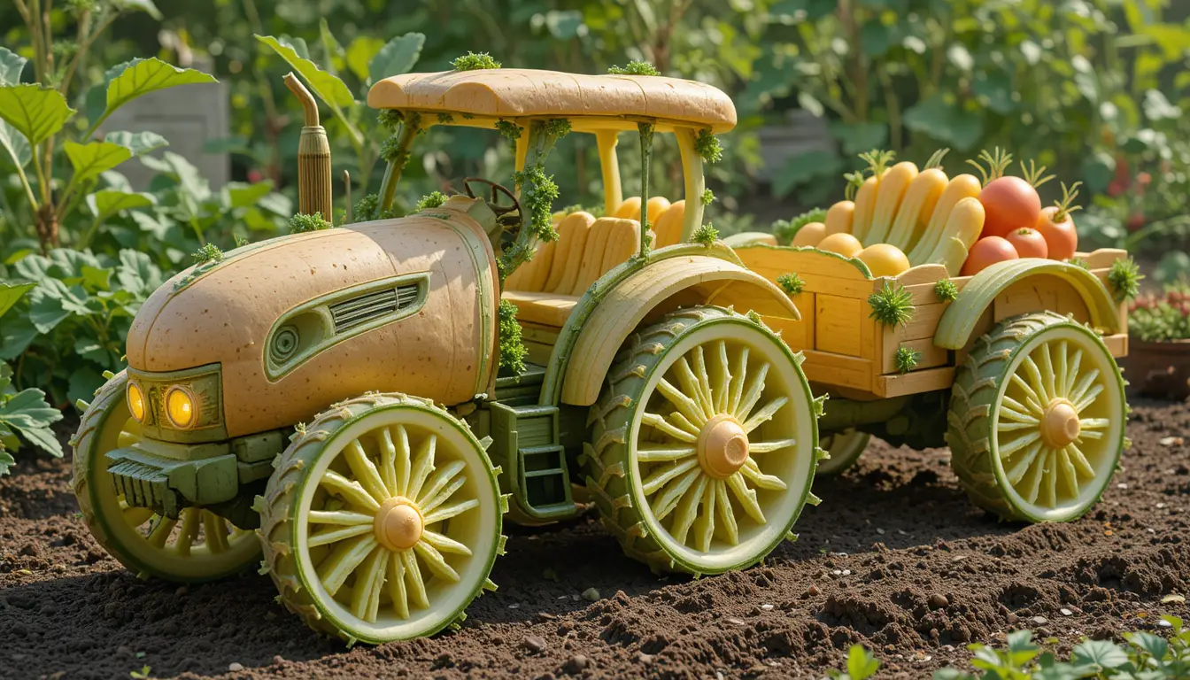Trator de Legumes com Reboque de Frutas em Jardim à Luz do Dia