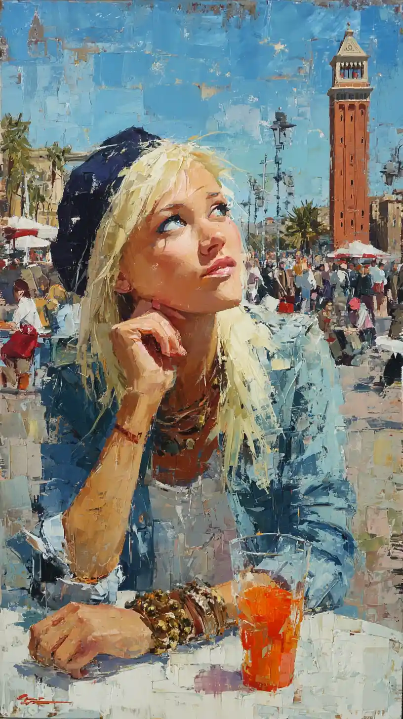 Pensive blonde girl at a cafe table in city square