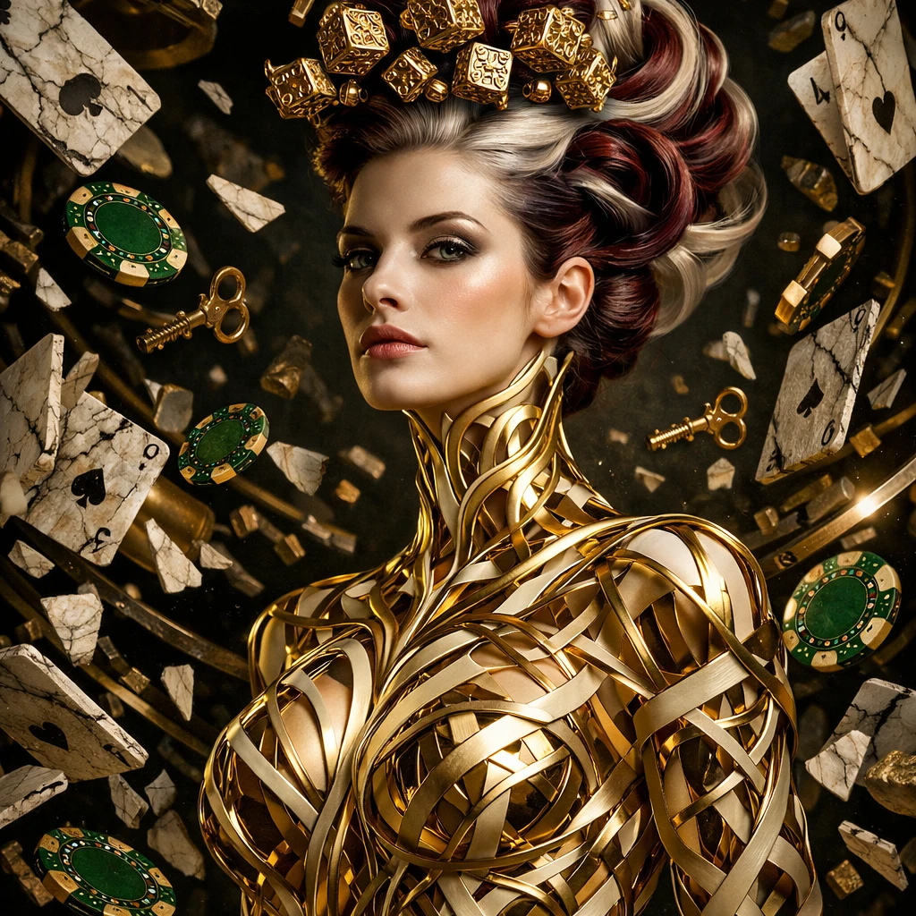 Donna surreale con reticolo d’oro ed esoscheletro d’avorio