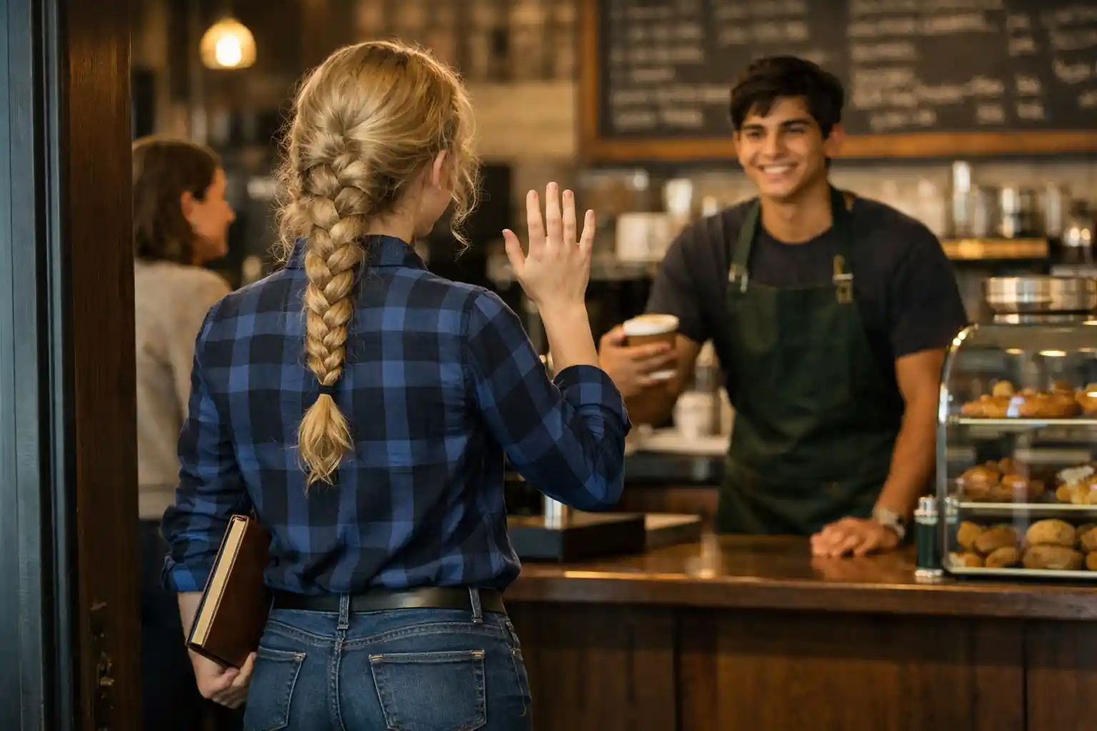 Teen girl entering a cozy coffee shop with journal