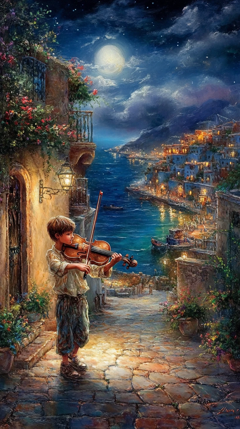 Menino tocando violino em uma rua marroquina silenciosa à noite