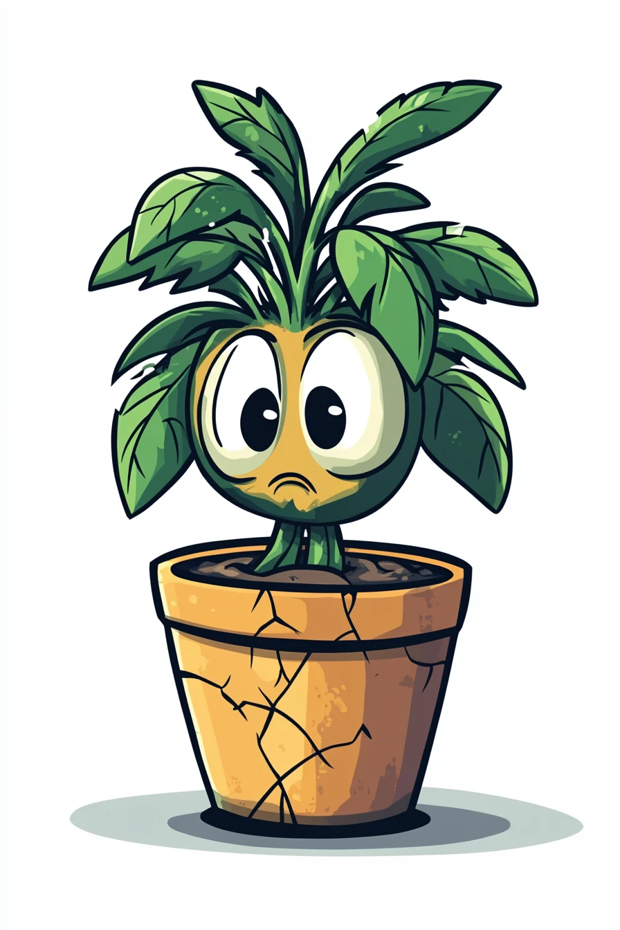 Cartoon-Blumen­topf-Pflanzencharakter im dramatischen Scheinwerferlicht
