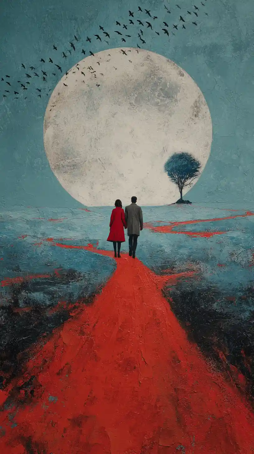Couple Walking Toward A Pale Moon Over Shimmering Sea