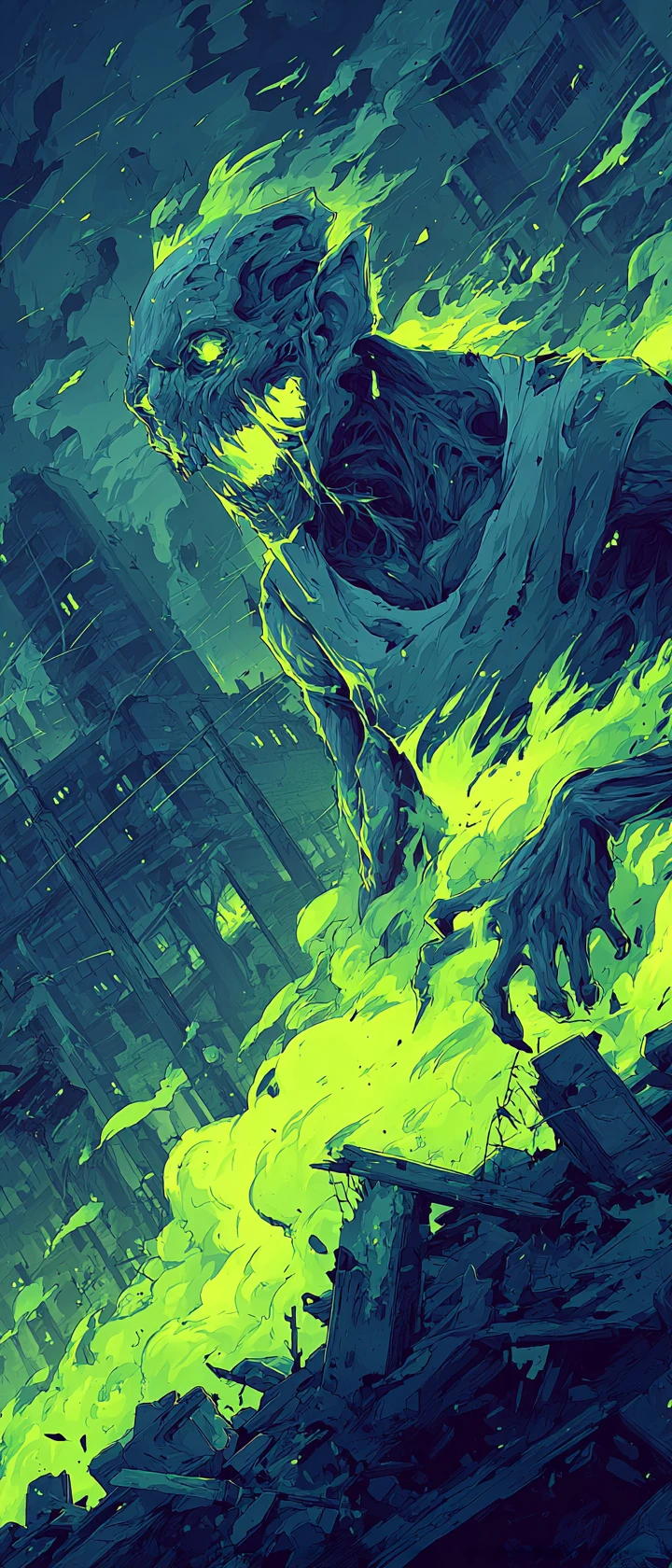 Mutant anime abomination towering over ruined toxic laboratory