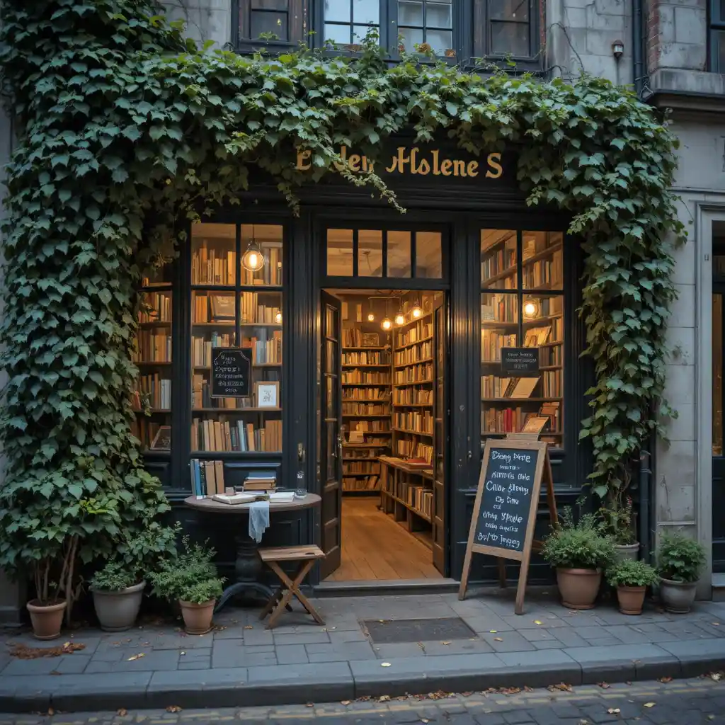 Cozy Ivy Covered European Bookshop With Warm Interior Glow