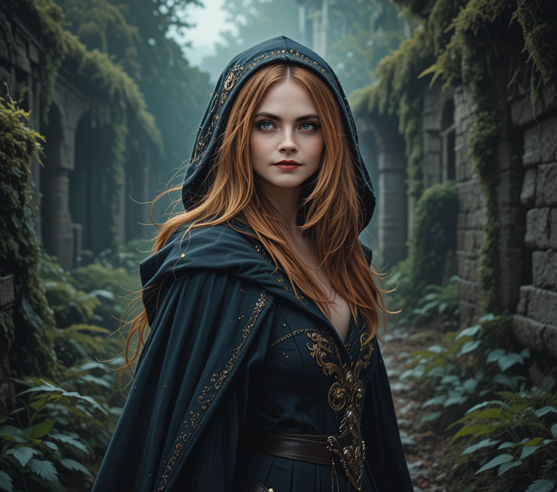 Donna fantasy incappucciata tra le rovine di una oscura foresta antica