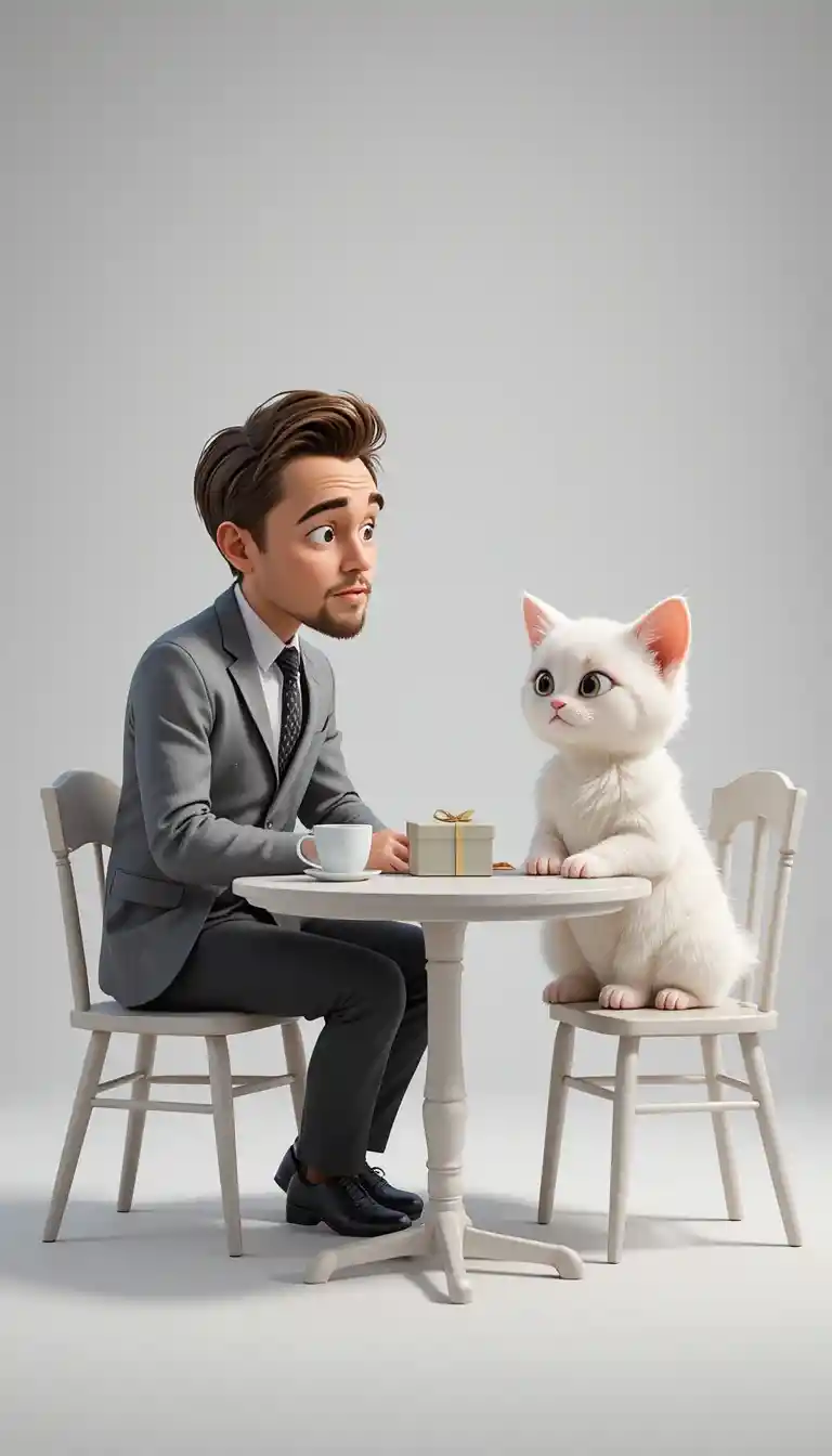Ator e gatinho em entrevista em estúdio branco no estilo Pixar