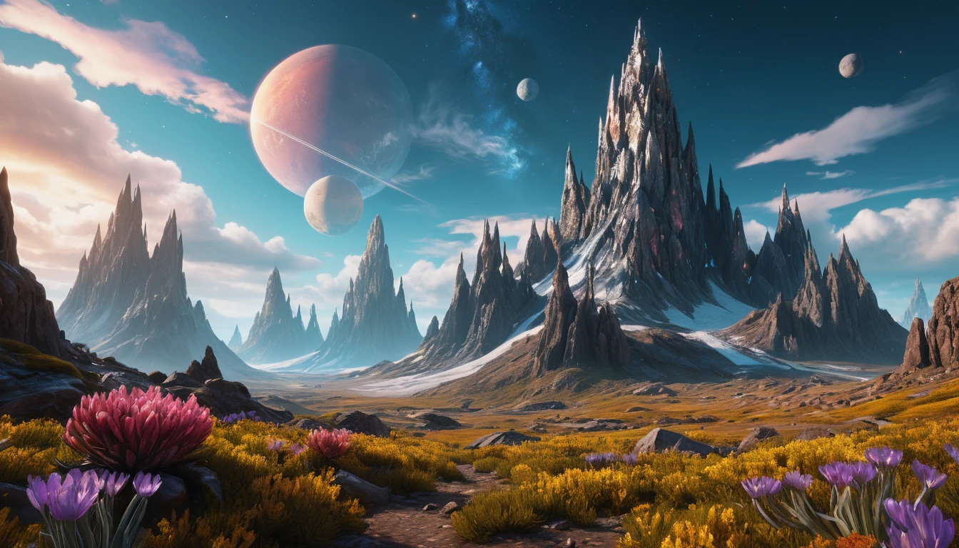 Alien peaks and valleys under a vibrant cinematic sky